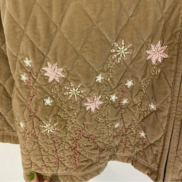 Vintage 90s Quilted Jacket WomenPlus Size 16 Tan Velvet Pink Embroidered Floral - Picture 7 of 13